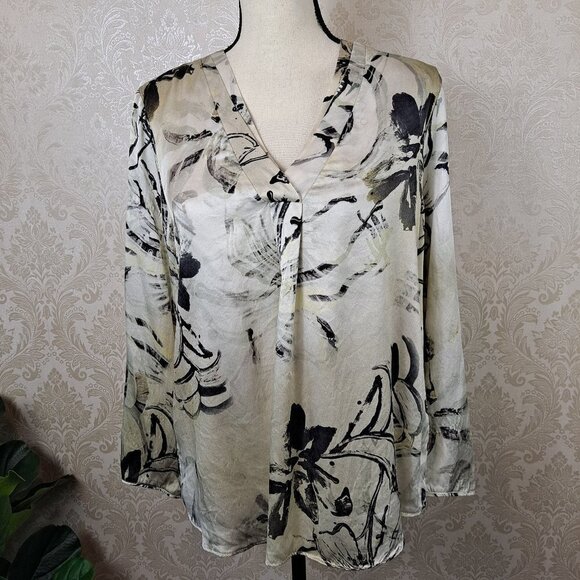 Lafayette 148 Size Small Silk Cream Blouse Long Sleeve Abstract Floral Vneck - Picture 1 of 12
